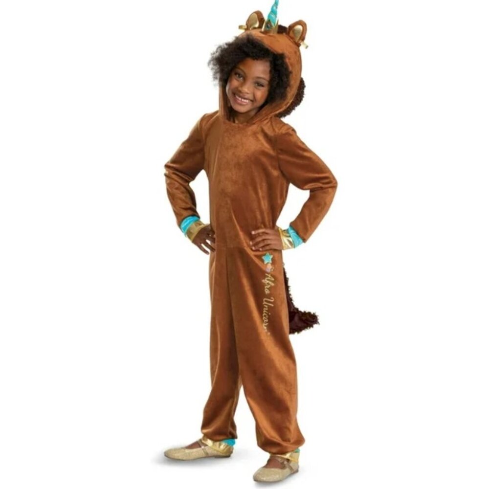 Afro Unicorn Halloween Costume 3T/4T Brown Hooded Jumpsuit 2 Pc Girls Toddler